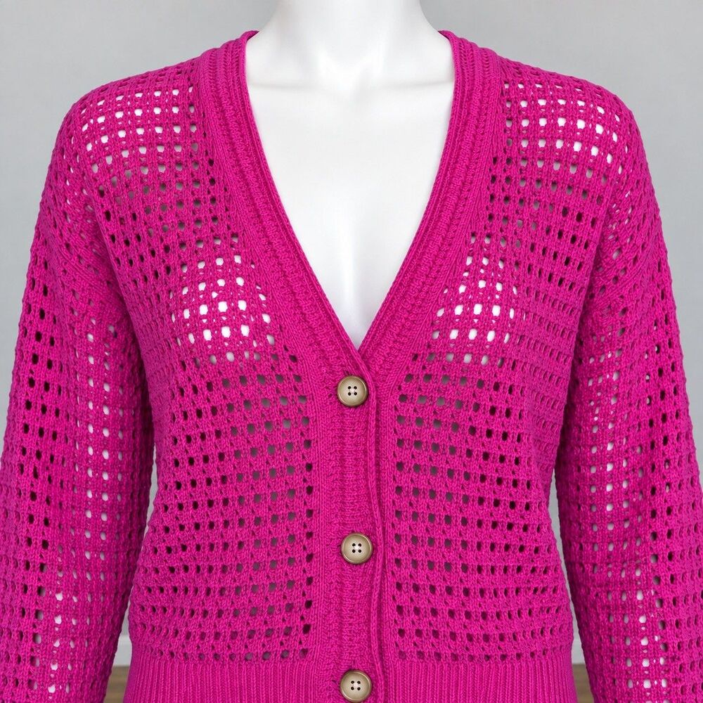 LOFT Womens XL Pink Pointelle Open Knit Cotton Cardigan Button V Neck Cropped - Picture 2 of 7